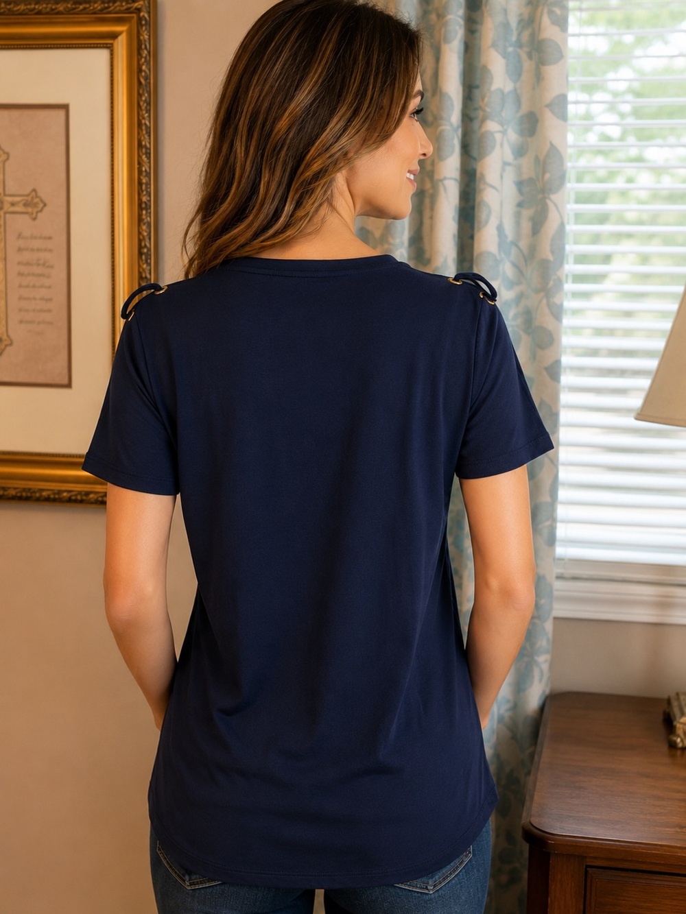 MICHAEL Michael Kors Navy Blue Lace-Up Shoulder Top with Gold Grommets - Picture 2 of 10